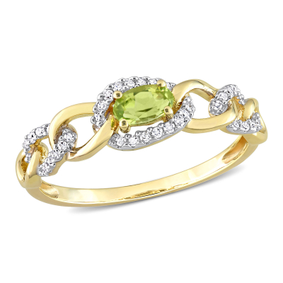 Oval Peridot and 1/8ctw Diamond Halo Yellow Gold Ring