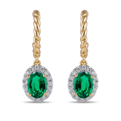 Oval Emerald and 1/3ctw Lab Grown Diamond Yellow Gold Hoop Drop Earrings