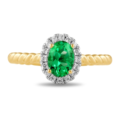 Oval Emerald and 1/6ctw Lab Grown Diamond Halo Yellow Gold Ring