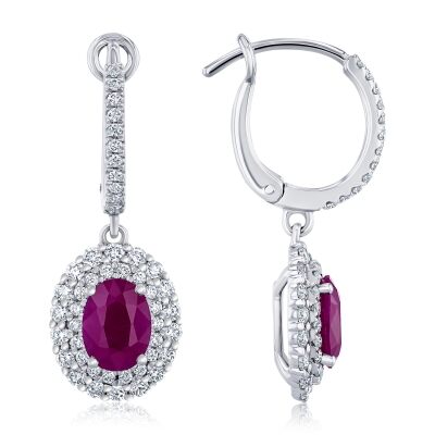 Oval Ruby and 7/8ctw Diamond White Gold Earrings - Watercolor Collection