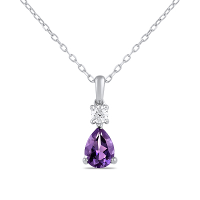 Pear Amethyst and 1/8ct Lab Grown Diamond White Gold Pendant Necklace