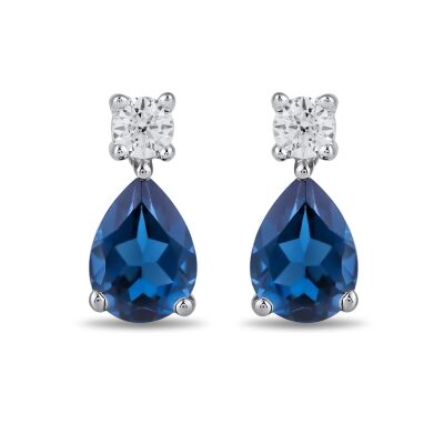 Pear Blue Sapphire and 1/4ctw Lab Grown Diamond White Gold Earrings