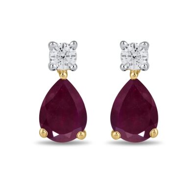 Pear Ruby and 1/4ctw Lab Grown Diamond Yellow Gold Earrings