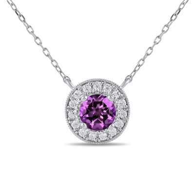 Round Amethyst and 1/5ctw Lab Grown Diamond Halo White Gold Necklace