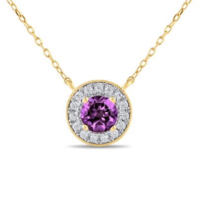 Round Amethyst and 1/5ctw Lab Grown Diamond Halo Yellow Gold Necklace