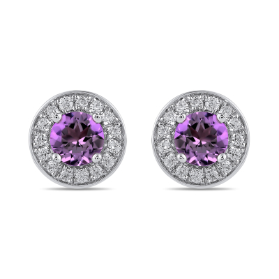 Round Amethyst and 3/8ctw Lab Grown Diamond White Gold Halo Stud Earrings