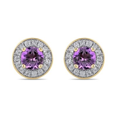 Round Amethyst and 3/8ctw Lab Grown Diamond Yellow Gold Halo Stud Earrings