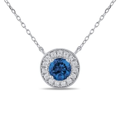 Round Blue Sapphire and 1/5ctw Lab Grown Diamond Halo White Gold Necklace