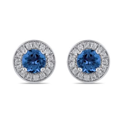 Round Blue Sapphire and 3/8ctw Lab Grown Diamond White Gold Halo Stud Earrings