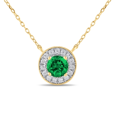 Round Emerald and 1/5ctw Lab Grown Diamond Halo Yellow Gold Necklace