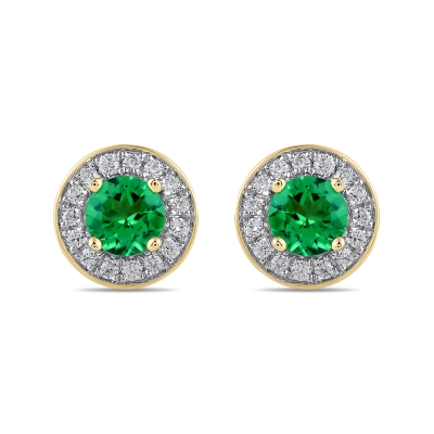 Round Emerald and 3/8ctw Lab Grown Diamond Halo Yellow Gold Stud Earrings