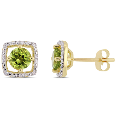 Round Peridot and 1/10ctw Diamond Halo Yellow Gold Stud Earrings