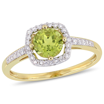 Round Peridot and 1/7ctw Diamond Halo Yellow Gold Ring