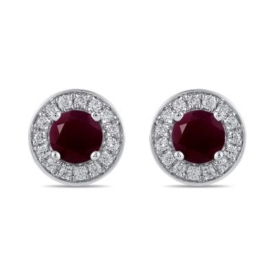Round Ruby and 3/8ctw Lab Grown Diamond White Gold Halo Stud Earrings