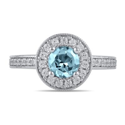 Round Swiss Blue Topaz and 3/8ctw Lab Grown Diamond Halo White Gold Ring