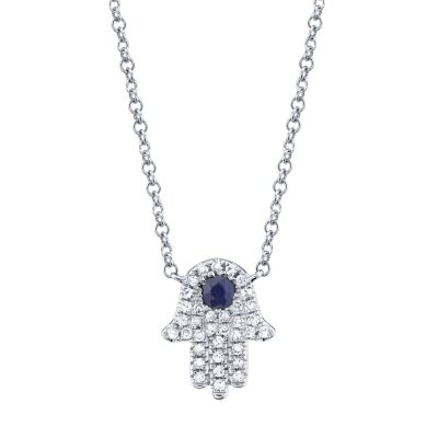 Shy Creation Blue Sapphire and 1/10ctw Diamond Hamsa White Gold Necklace