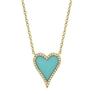 Shy Creation Composite Turquoise and 1/10ctw Diamond Heart Yellow Gold Necklace