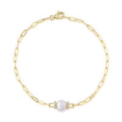 Shy Creation Freshwater Cultured Pearl and 1/15ctw Diamond Yellow Gold Paperclip Chain Bracelet