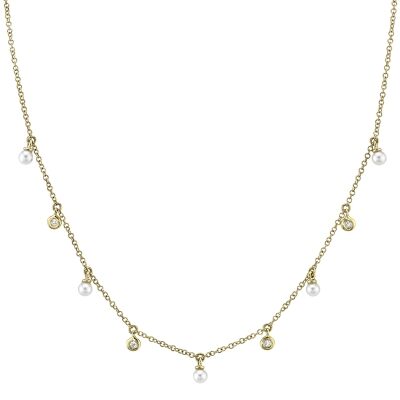 Shy Creation Freshwater Cultured Pearl and 1/20ctw Diamond Yellow Gold Station Necklace