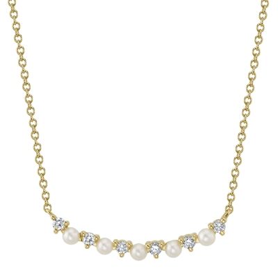 Shy Creation Freshwater Cultured Pearl and 1/8ctw Diamond Yellow Gold Curved Bar Necklace