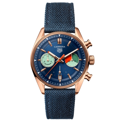 TAG Heuer CARRERA Chronograph Skipper Rose Gold Blue Fabric Strap Watch 39mm - CBS2241.FN8023