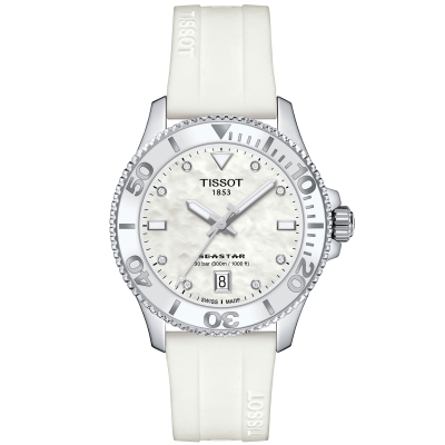 Tissot T-Sport Seastar 1000 Quartz Diver Mother-of-Pearl Dial White Silicone Strap Watch | 36mm | T1202101711600