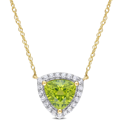 Trillion Peridot and White Topaz Halo Yellow Gold Pendant Necklace