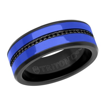 TRITON Black Sapphire, Black Tungsten Carbide, and Blue Ceramic Eternity Comfort Fit Wedding Band 8mm