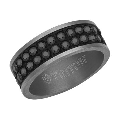 TRITON Tantalum and Double Row Black Sapphire Comfort Fit Wedding Band 8mm