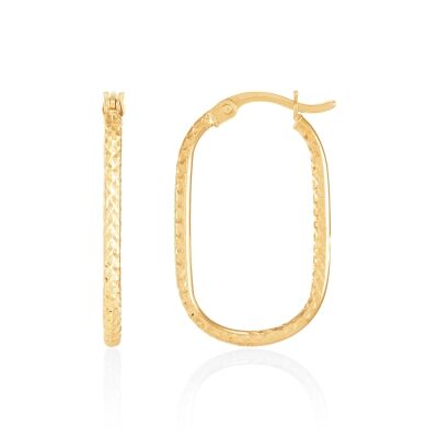 Yellow Gold Solid Diamond-Cut Oval Hoop Earrings