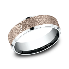 14k Rose Gold and White Gold 7mm Ottoman Tile Pattern Lightweight Comfort Fit Wedding Band 1