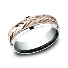 14k Rose Gold and White Gold 7mm Wheat Pattern Lightweight Comfort Fit Wedding Band 1