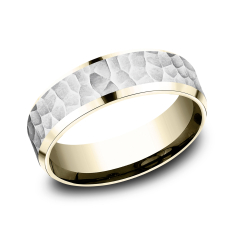 14k White Gold and Yellow Gold 7mm Hammered Finish Lightweight Comfort Fit Wedding Band 1