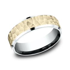 14k Yellow Gold and White Gold 7mm Hammered Finish Lightweight Comfort Fit Wedding Band 1