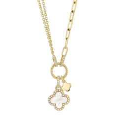Shy Creation Mother-of-Pearl and 1/8ctw Diamond Clover 14k Yellow Gold Necklace 1