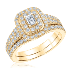 1ctw Emerald Diamond Halo 14k Yellow Gold Engagement and Wedding Ring Bridal Set - Glow Collection 1