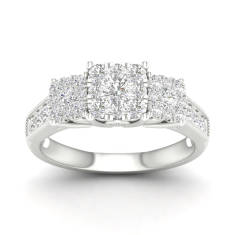 1ctw Cushion-Shaped Composite Diamond 14k White Gold Three-Stone Engagement Ring 1