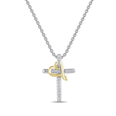 Hallmark Diamonds 1/20ctw Diamond Cross and Heart Two-Tone Pendant Necklace 1