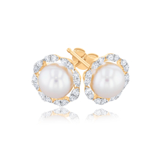 Downton Abbey Lady Edith - Freshwater Cultured Pearl and 1/4ctw Diamond Yellow Gold Stud Earrings 1