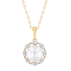 Downton Abbey Lady Edith - Freshwater Cultured Pearl and 1/6ctw Diamond Yellow Gold Pendant Necklace 1