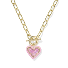 Kendra Scott Ari Heart Enamel Frame Link and Chain Necklace in Pink Iridescent Glitter Glass 1
