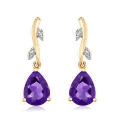 Amethyst and Diamond Accent 10k Yellow Gold Floral Drop Earrings 1