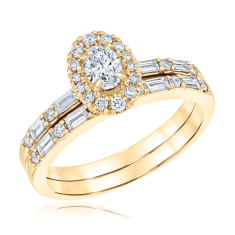 7/8ctw Oval Diamond Halo Vintage-Inspired 14k Yellow Gold Engagement and Wedding Ring Bridal Set 1