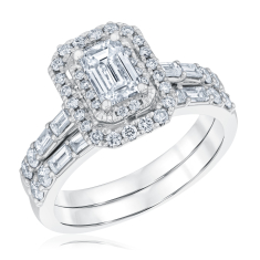 1 1/2ctw Emerald Diamond Halo Vintage-Inspired 14k White Gold Engagement and Wedding Ring Bridal Set 1
