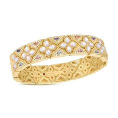Roberto Coin Venetian Princess Carnival 7/8ctw Diamond Blue Topaz, Citrine, and Mother of Pearl Flower 18k Yellow Gold Bangle Bracelet 1