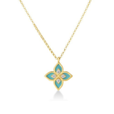 Roberto Coin Venetian Princess 1/15ctw Diamond and Cyan Enamel 18k Yellow Gold Flower Pendant Necklace 1