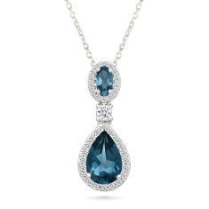 London Blue Topaz and Created White Sapphire Sterling Silver Drop Pendant Necklace 1