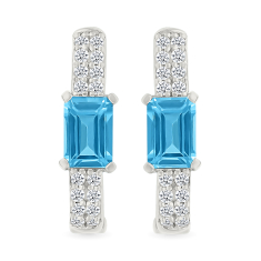 Swiss Blue Topaz and Created White Sapphire Sterling Silver Square Hoop Earrings 1