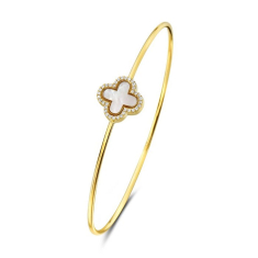 Bassali Mother-of-Pearl Clover and 1/10ctw Diamond 14k Yellow Gold Bangle Bracelet 1