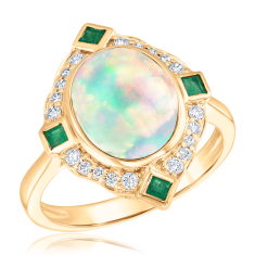 Oval Opal, Emerald, and 1/5ctw Diamond 14k Yellow Gold Ring - Watercolor Collection 1